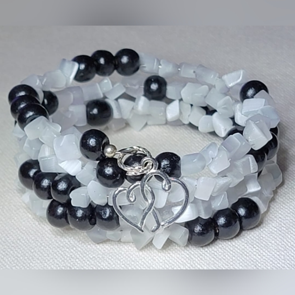 New Wood and Cats Eye Gemstone Beaded Wrap Bracelet with Double Heart Charm